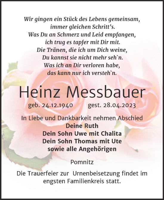 Traueranzeige von Heinz Messbauer von Wochenspiegel Naumburg/Nebra