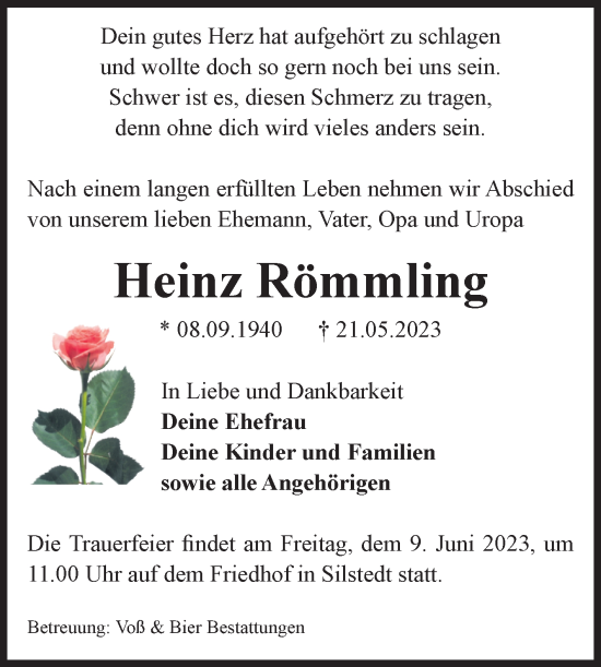 Traueranzeige von Heinz Römmling von Volksstimme Wernigerode