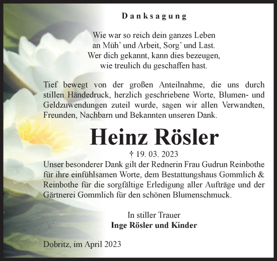 Traueranzeige von Heinz Rösler von Volksstimme Zerbst
