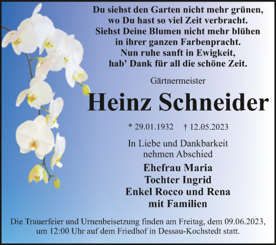 Traueranzeige von Heinz Schneider von Trauerkombi Dessau