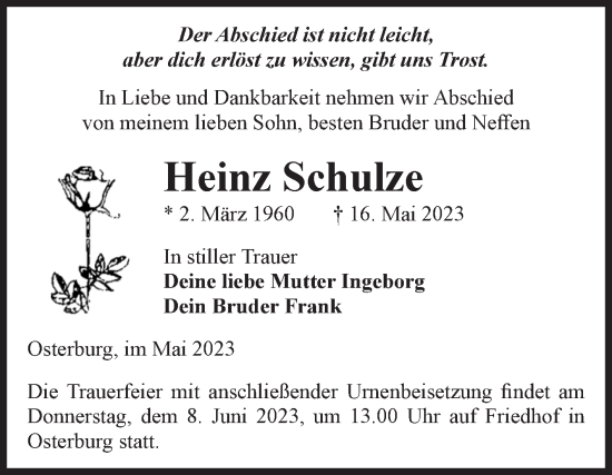 Traueranzeige von Heinz Schulze von Volksstimme Altmark Ost
