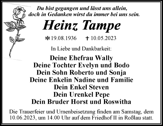 Traueranzeige von Heinz Tampe von Trauerkombi Wittenberg