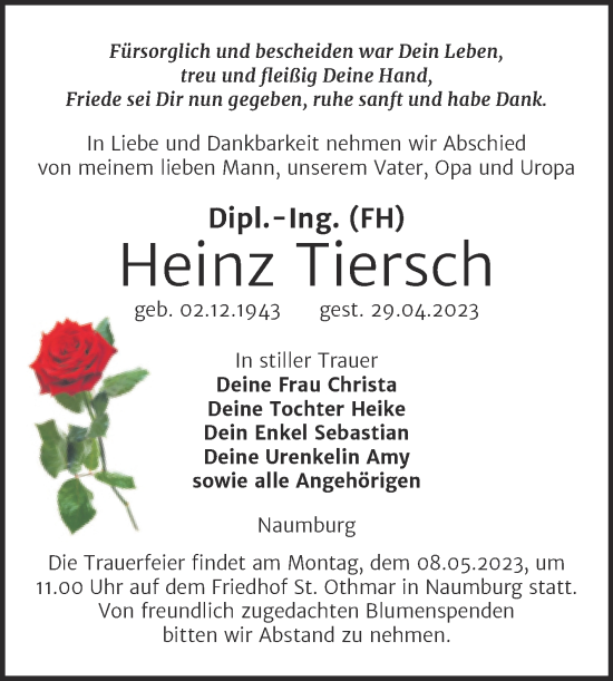 Traueranzeige von Heinz Tiersch von Naumburger Tageblatt