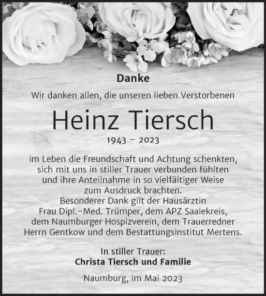 Traueranzeige von Heinz Tiersch von Wochenspiegel Naumburg/Nebra