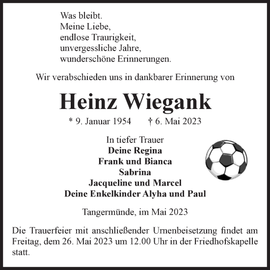 Traueranzeige von Heinz Wiegank von Volksstimme Altmark Ost