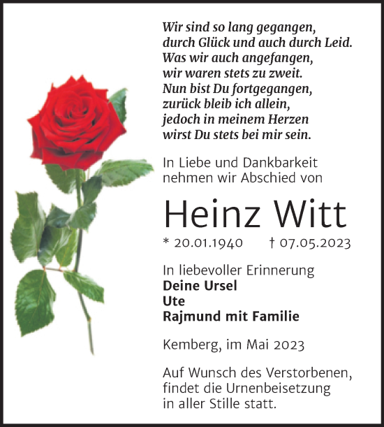 Traueranzeige von Heinz Witt von Trauerkombi Wittenberg