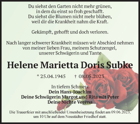 Traueranzeige von Helene Marietta Doris Subke von Volksstimme Magdeburg