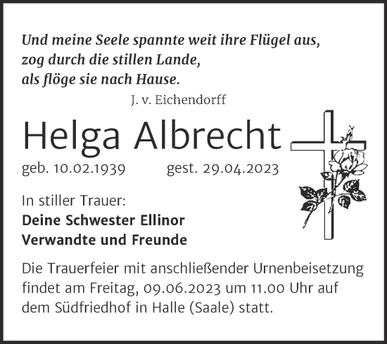 Traueranzeige von Helga Albrecht von Mitteldeutsche Zeitung Halle/Saalkreis
