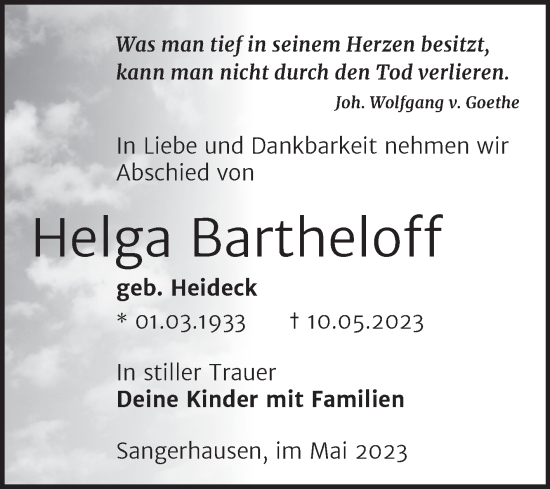 Traueranzeige von Helga Bartheloff von Mitteldeutsche Zeitung Sangerhausen