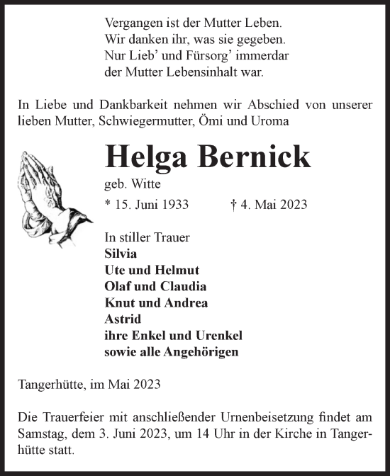 Traueranzeige von Helga Bernick von Volksstimme Altmark Ost