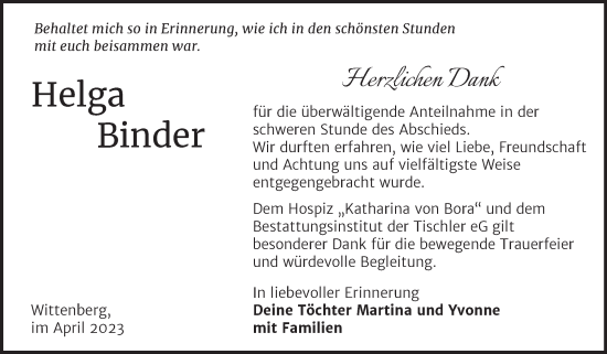 Traueranzeige von Helga Binder von Trauerkombi Wittenberg