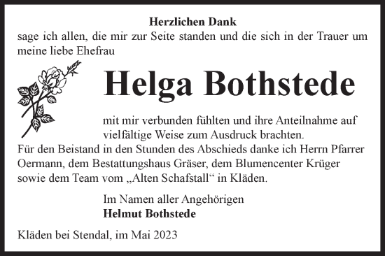 Traueranzeige von Helga Bothstede von Volksstimme Altmark Ost