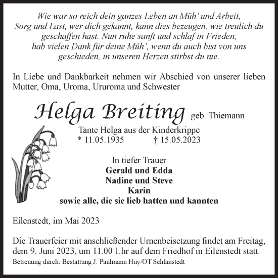 Traueranzeige von Helga Breiting von Volksstimme Halberstadt