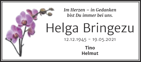 Traueranzeige von Helga Bringezu von Mitteldeutsche Zeitung Halle/Saalkreis