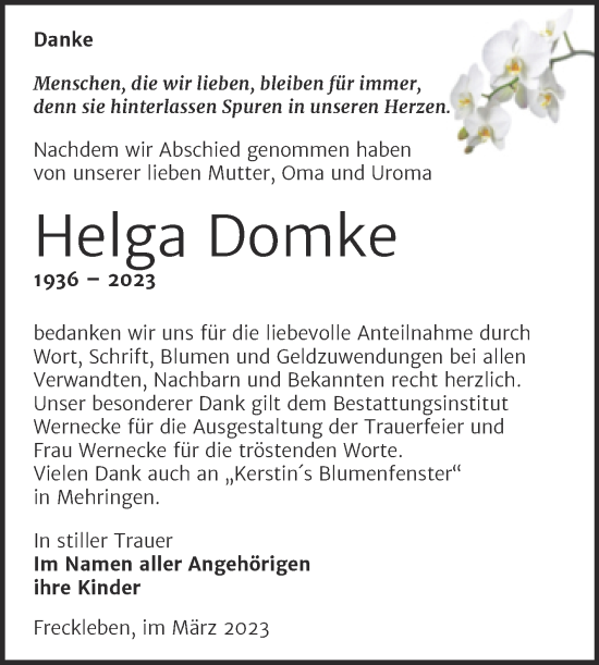 Traueranzeige von Helga Domke von Trauerkombi Aschersleben