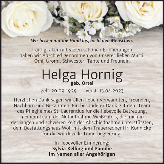 Traueranzeige von Helga Hornig von Trauerkombi Weißenfels