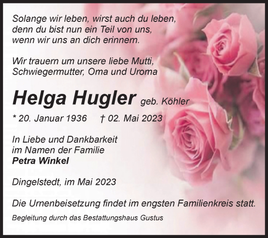 Traueranzeige von Helga Hugler von Volksstimme Halberstadt