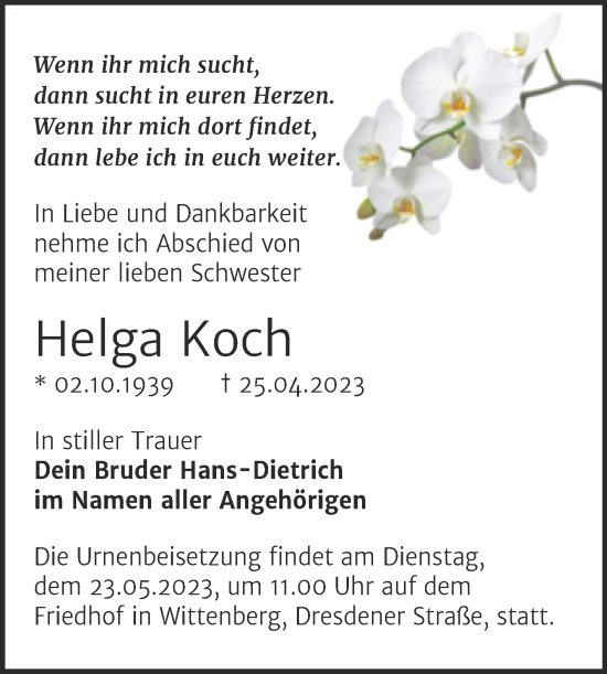 Traueranzeige von Helga Koch von Trauerkombi Wittenberg