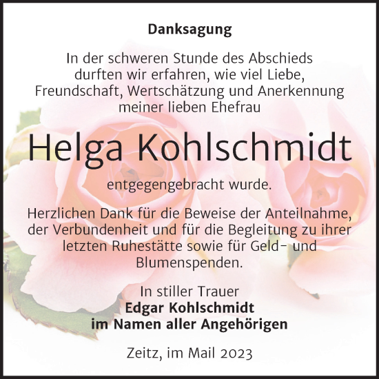 Traueranzeige von Helga Kohlschmidt von Trauerkombi Zeitz