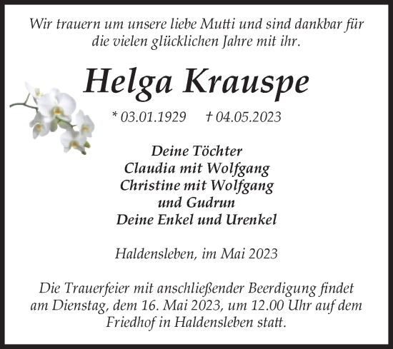 Traueranzeige von Helga Krauspe von Volksstimme Haldensleben/Wolmirstedt