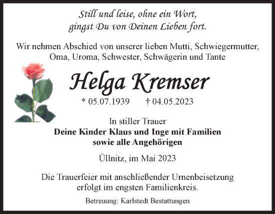Traueranzeige von Helga Kremser von Volksstimme Schönebeck