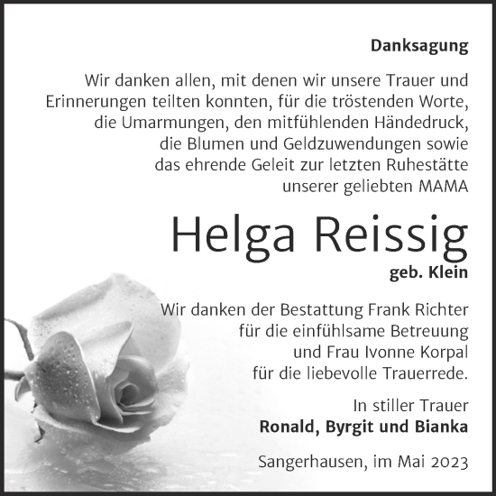 Traueranzeige von Helga Reissig von Trauerkombi Sangerhausen