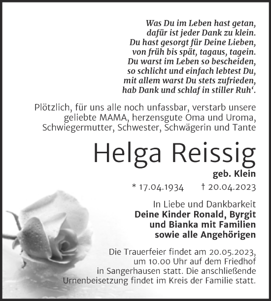 Traueranzeige von Helga Reissig von Trauerkombi Sangerhausen