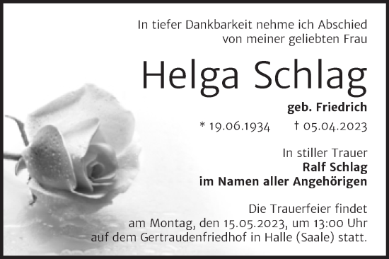 Traueranzeige von Helga Schlag von Mitteldeutsche Zeitung Halle/Saalkreis