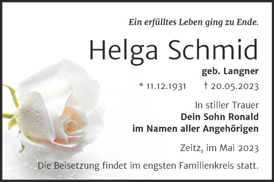 Traueranzeige von Helga Schmid von Trauerkombi Zeitz