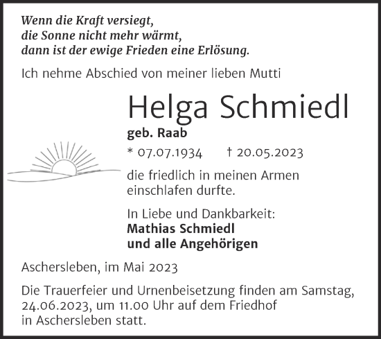 Traueranzeige von Helga Schmiedl von Trauerkombi Aschersleben