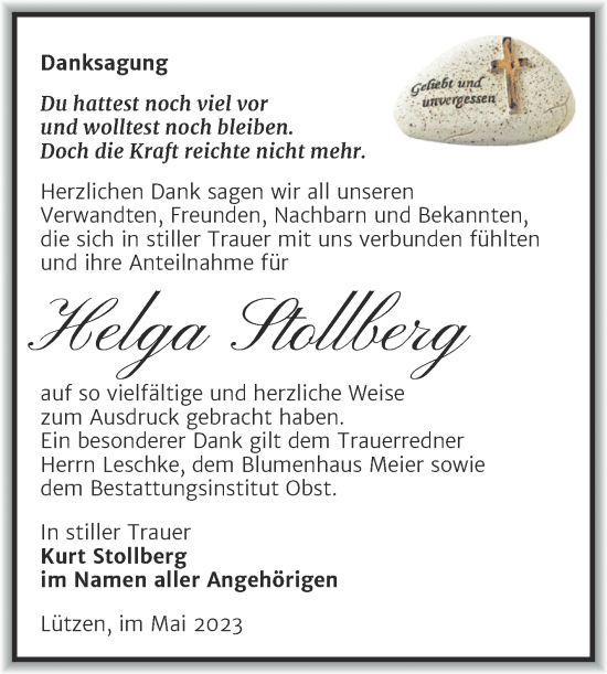 Traueranzeige von Helga Stollberg von Trauerkombi Weißenfels