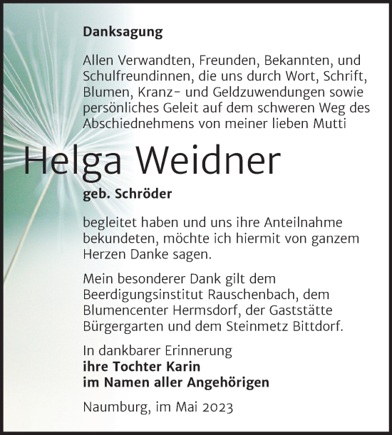 Traueranzeige von Helga Weidner von Naumburger Tageblatt