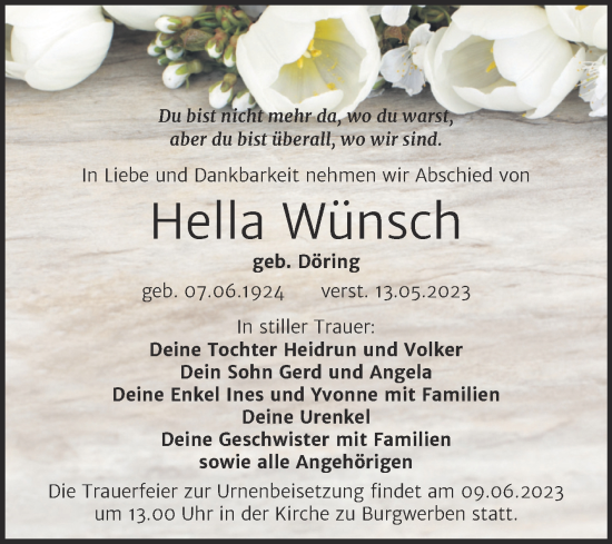 Traueranzeige von Hella Wünsch von Trauerkombi Weißenfels