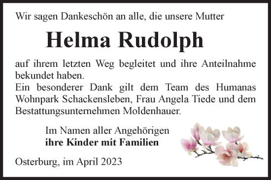 Traueranzeige von Helma Rudolph von Volksstimme Altmark Ost