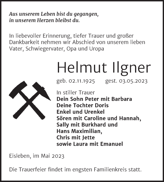Traueranzeige von Helmut Ilgner von Trauerkombi Mansfelder Land