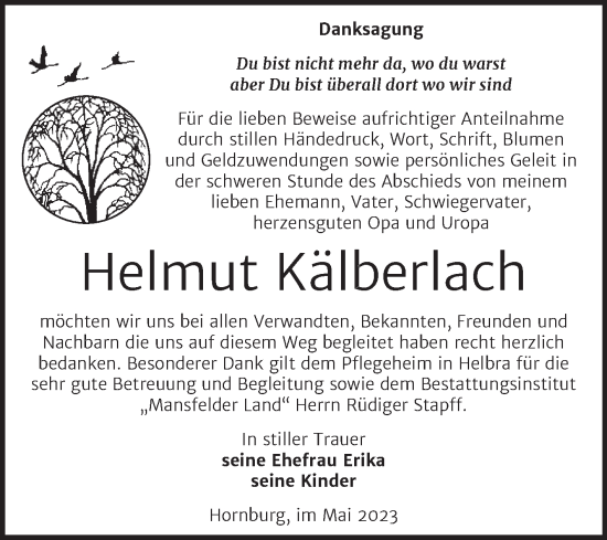 Traueranzeige von Helmut Kälberlach von Trauerkombi Mansfelder Land
