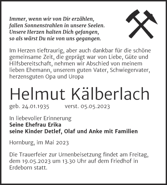 Traueranzeige von Helmut Kälberlach von Trauerkombi Mansfelder Land