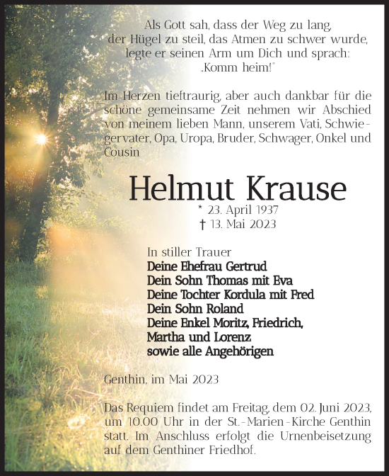 Traueranzeige von Helmut Krause von Volksstimme Burg/Genthin
