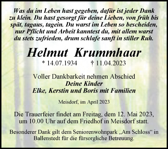 Traueranzeige von Helmut Krummhaar von Trauerkombi Quedlinburg