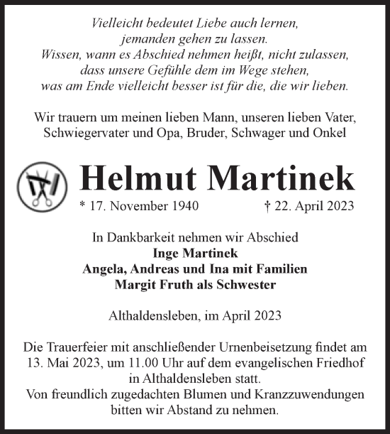 Traueranzeige von Helmut Martinek von Volksstimme Haldensleben/Wolmirstedt
