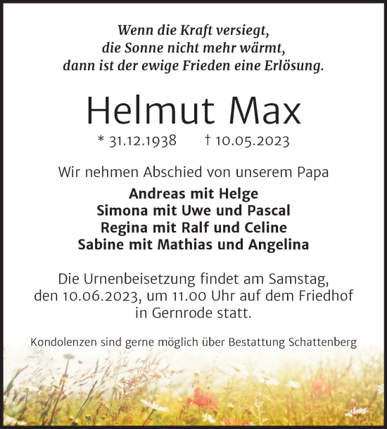 Traueranzeige von Helmut Max von Trauerkombi Quedlinburg