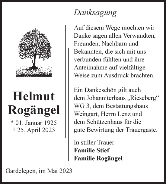 Traueranzeige von Helmut Rogängel von Volksstimme Altmark West
