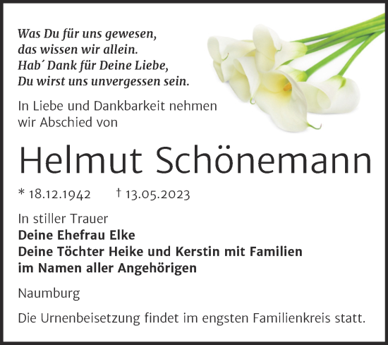 Traueranzeige von Helmut Schönemann von Wochenspiegel Naumburg/Nebra