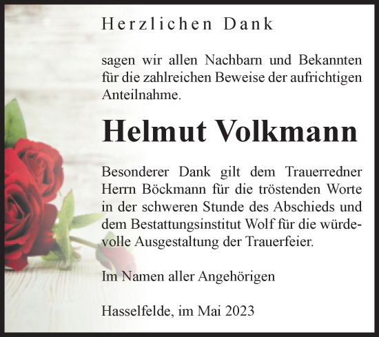 Traueranzeige von Helmut Volkmann von Volksstimme Wernigerode