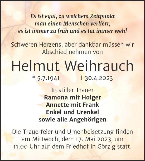 Traueranzeige von Helmut Weihrauch von Trauerkombi Köthen