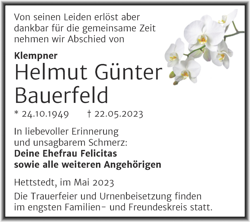  Traueranzeige für Helmut Günter Bauerfeld vom 27.05.2023 aus Trauerkombi Mansfelder Land