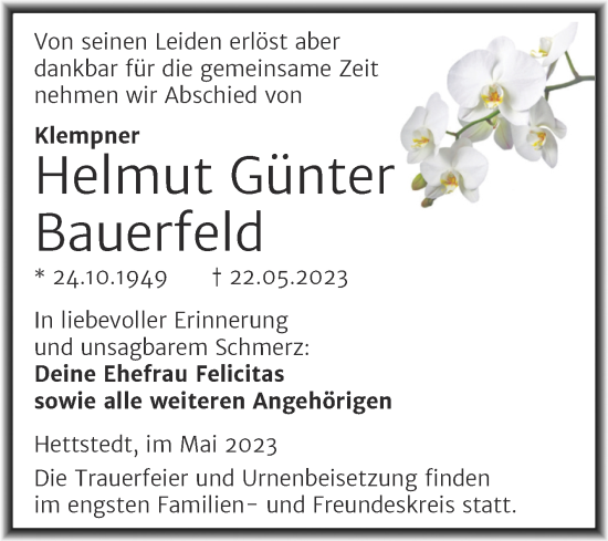 Traueranzeige von Helmut Günter Bauerfeld von Trauerkombi Mansfelder Land