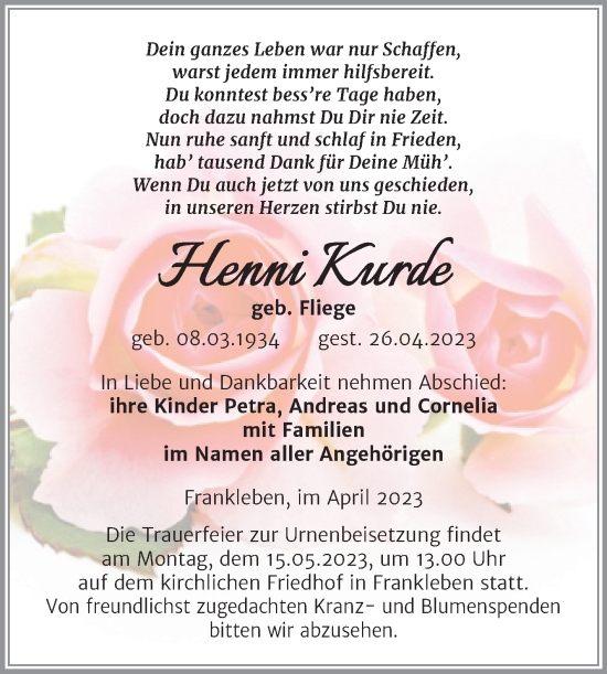 Traueranzeige von Henni Kurde von Trauerkombi Merseburg