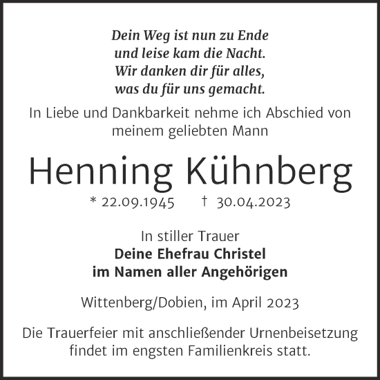 Traueranzeige von Henning Kühnberg von Trauerkombi Wittenberg