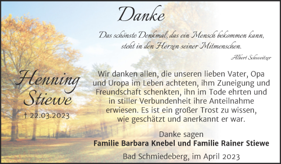 Traueranzeige von Henning Stiewe von Trauerkombi Wittenberg